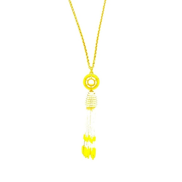 Talbots goldtone chain long necklace white/yellow seed bead circle & tassel - Picture 6 of 11
